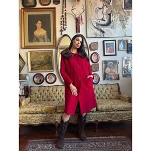 Vintage 50s Stevens Hockanum Topaz Red Genuine Fur Collar Long Coat Size L